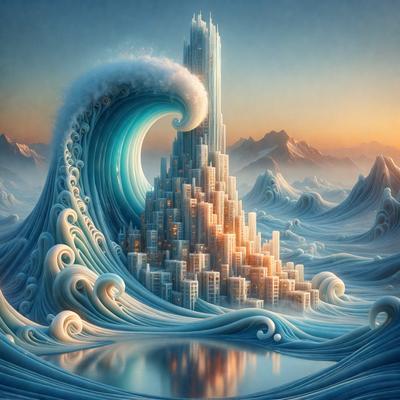 The primary subject of the image is a large, colorful wave with a tall building in the background. The setting appears to be a beach or ocean, with the building possibly being a skyscraper. The visual style of the image is digital art, as it is a detailed and intricate illustration. The dominant colors in the image are blue and white, creating a serene and calming atmosphere.